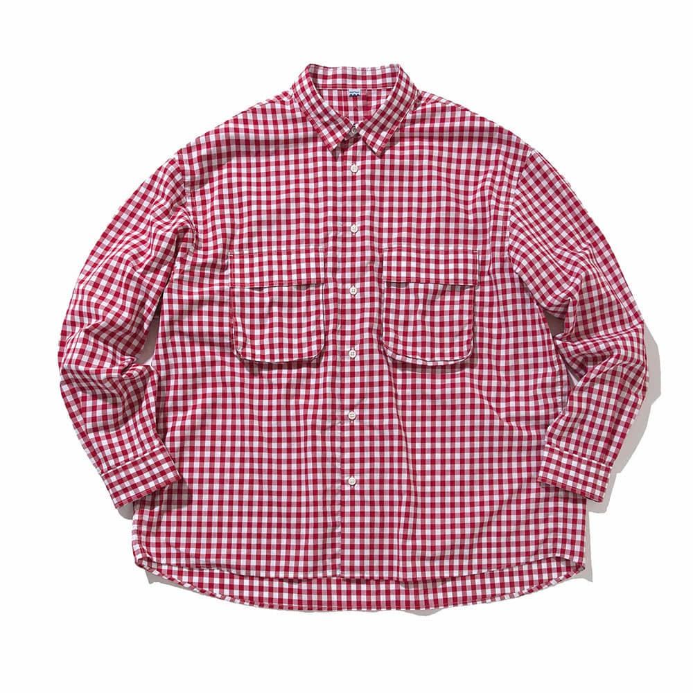 [Softur]  Gingham Wide Shirt White Red  