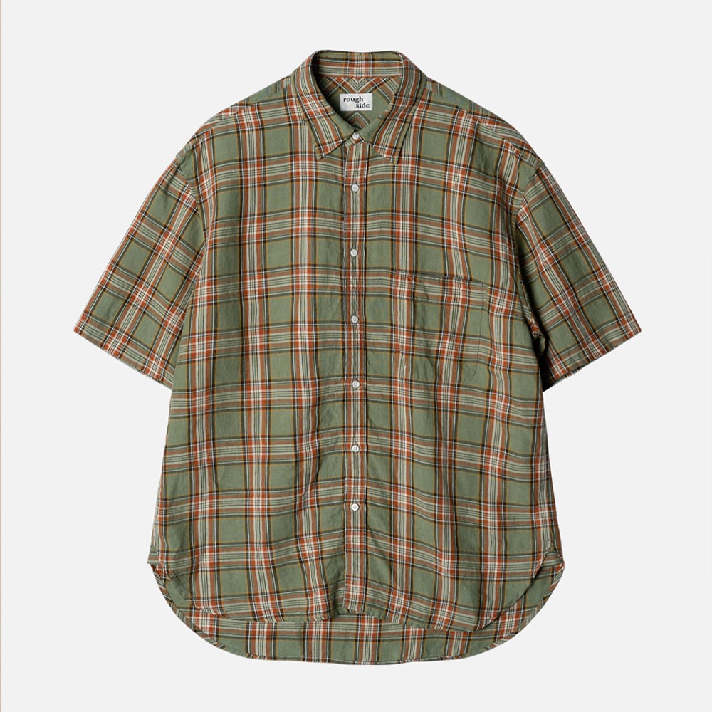 [Rough Side]  23SS Shirring Half Shirt Green Check